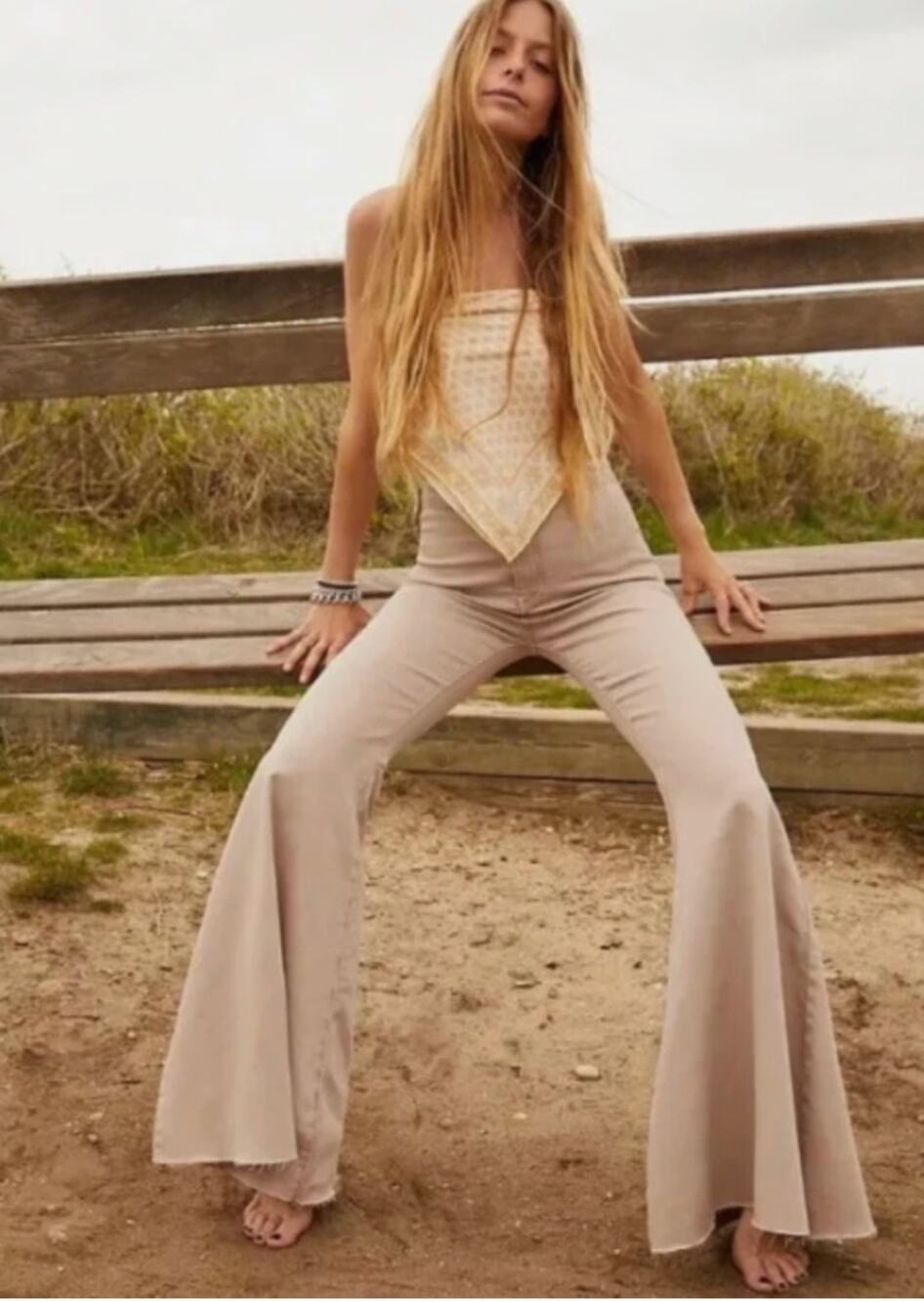 Free People Just Float On Flare Jeans 25R Beige Khaki Bell Bottom Stretch